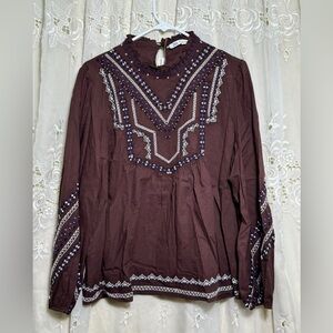 Zara Embroidered & Beaded Long-Sleeve Tunic - Brown with White & Purple Accents